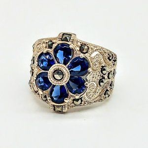Blue Crystal Marcasite Sterling Silver Band Ring